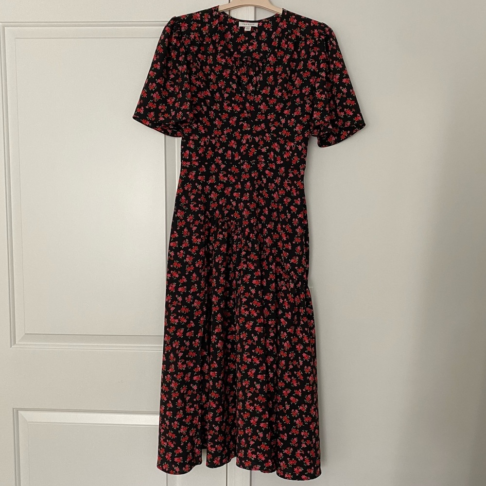 Black Floral Midi Dress with Red Blossom Print